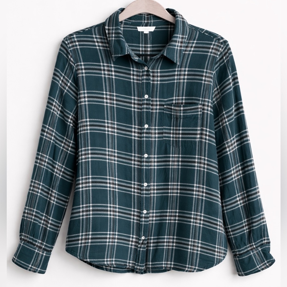 Caslon Women's Plaid Button-Up Blouse 1X Teal & White Rayon-Lightweight‎